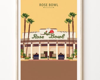 Póster del estadio Rose Bowl, arte mural del estadio deportivo de Pasadena, impresión del estadio de fútbol con lazo rosa, impresión mural del estadio de fútbol