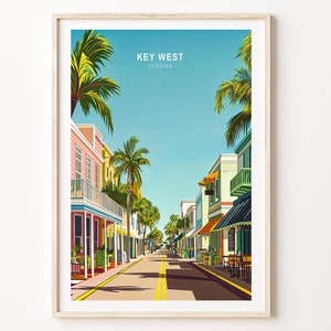 Póster de viaje de Key West, arte mural de Florida, impresión de Key West, Florida, regalo de cumpleaños, decoración del hogar, paisaje urbano minimalista, regalos de boda