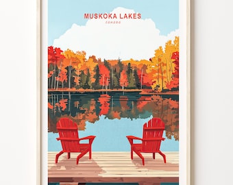 Póster de viaje de Muskoka Lakes, arte mural de viajes canadienses, impresión de Muskoka Lakes, Canadá, regalo de cumpleaños, regalo de boda