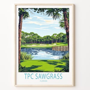 May include: A vintage-style poster with a green golf course, a lake, and palm trees. The text "TPC Sawgrass, Florida" is at the bottom of the poster.