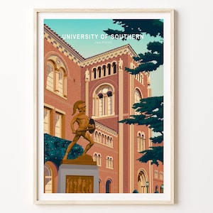 May include: A vintage-style illustration of the University of Southern California campus, featuring a red brick building with arched windows and a statue of a golden Trojan warrior holding a shield.
