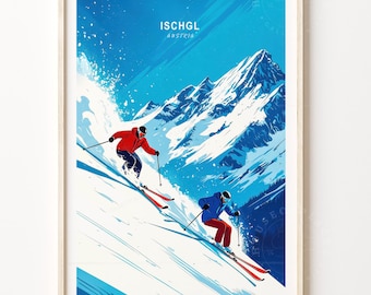 Impresión de la estación de esquí de Ischgl, impresión de arte mural de esquí de Austria, póster de esquí de Ischgl Austria, póster de montañas nevadas, impresión de esquí