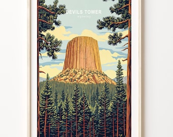 Devils Tower Travel Poster, Wyoming Wall Art, Devils Tower National Park Print, Home Decor, Personalised Travel Poster, Birthday Gifts