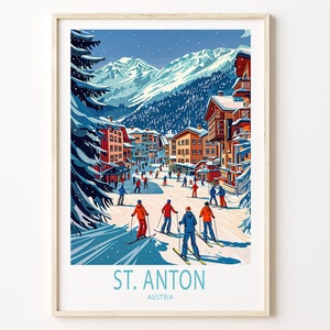 May include: A vintage-style illustration of a snowy mountain village with skiers in the foreground. The text "ST. ANTON AUSTRIA" is at the bottom of the image.