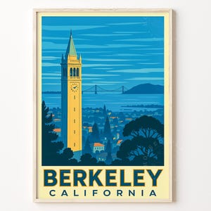 Może przedstawiać: Winietkowy plakat podróżniczy przedstawiający żółtą wieżę zegarową na tle niebieskiego nieba i mostu. Na dole plakatu widnieje napis "BERKELEY CALIFORNIA".