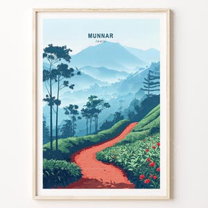 Impresión de viaje a Munnar, póster de viaje a la India, arte mural de viaje a Munnar, India, regalos de viaje personalizados, paisaje urbano minimalista