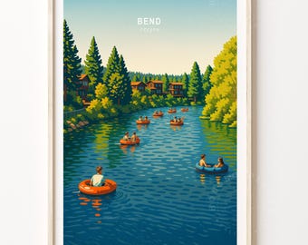 May include: A colorful illustration of a river scene in Bend, Oregon. The river is filled with people floating in inner tubes and kayaks. The river is surrounded by trees and houses. The text "BEND OREGON" is at the top of the image.