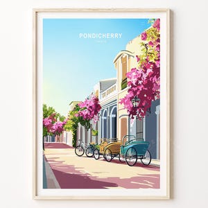 Poster de voyage à Pondichéry en Inde, impression d'art mural Pondichéry, impression de voyage en Inde, paysage urbain minimaliste, cadeaux d'anniversaire