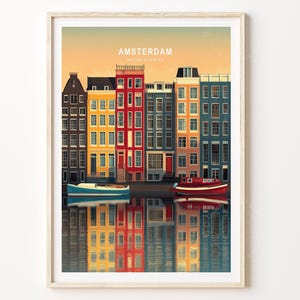 Impresión de viaje de Ámsterdam, póster de viaje de los Países Bajos, arte mural de viaje de Ámsterdam, Países Bajos, paisaje urbano minimalista, regalos de cumpleaños