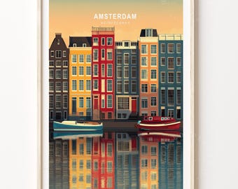 Amsterdam Travel Print, Netherlands Travel Poster, Amsterdam Netherlands Travel Wall Art, Minimalist Cityscape, Birthday Gifts