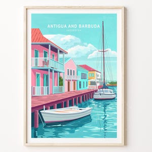 Impressão de viagem de Antígua e Barbura, arte de parede de viagem do Caribe de Antígua e Barbura, pôster de viagem do Caribe, paisagem urbana minimalista