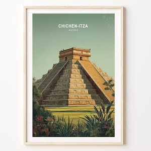 Könnte beinhalten: Gerahmter Kunstdruck mit der Chichen-Itza-Pyramide in Mexiko. Das Kunstwerk zeigt das antike Bauwerk in Braun- und Beigetönen, mit grünem Himmel und üppiger Vegetation im Vordergrund. Der Text oben lautet "CHICHEN-ITZA MEXICO."