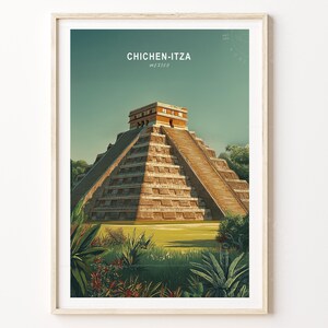 Könnte beinhalten: Gerahmter Kunstdruck mit der Chichen-Itza-Pyramide in Mexiko. Das Kunstwerk zeigt das antike Maya-Bauwerk mit einer detaillierten Darstellung seiner Stufen und der umliegenden Landschaft. Der Text "CHICHEN-ITZA MEXICO" steht oben.