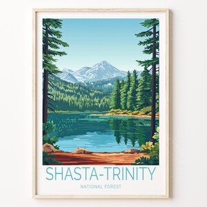 Impresión de viaje del Bosque Nacional Shasta Trinity, póster de viaje del Bosque Nacional, impresión de arte mural de Shasta Trinity, regalos de viaje personalizados