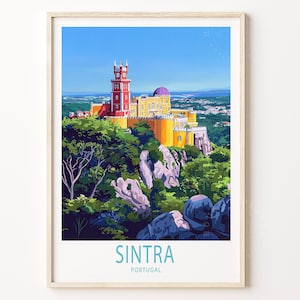 May include: A framed print of Sintra, Portugal, with a vibrant illustration of Pena Palace. The artwork depicts the palace with a red tower, yellow walls, and a purple dome, set against a backdrop of green trees and a clear blue sky.
