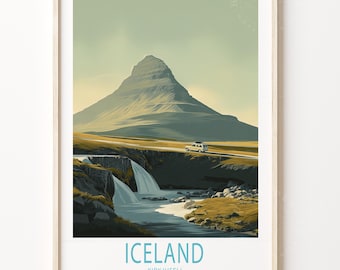 Iceland Kirkjufell Travel Print, Kirkjufell Wall Art Print, Iceland Travel Poster, Wedding Present, Birthday Present