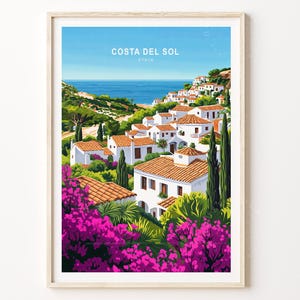 Póster de viaje a la Costa del Sol, España, arte mural de viaje a la Costa del Sol, impresión de viaje a España, regalos de boda, paisaje urbano minimalista