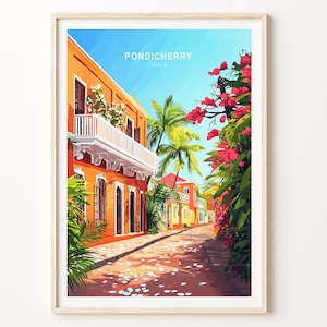 Arte mural de viaje a Pondicherry, India, impresión de viaje a la India, póster de viaje a Pondicherry, regalos de decoración para el hogar, paisaje urbano minimalista