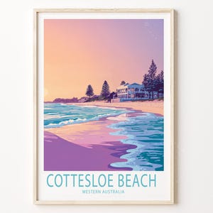 Póster de viaje de la playa de Cottesloe, Australia Occidental, impresión de arte mural de Australia Occidental, impresión de viaje de la playa de Cottesloe, regalos de decoración para el hogar