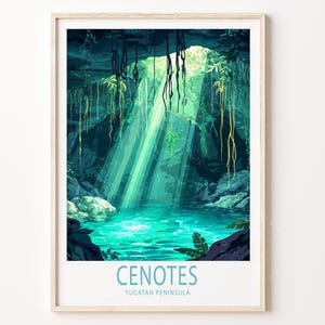 Póster de viaje a los cenotes de la Península de Yucatán, impresión de viaje a la Península de Yucatán, arte mural de viaje a los cenotes, decoración del hogar, regalos de cumpleaños