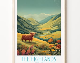 Lámina de viaje de las Tierras Altas de Escocia, póster de viaje de Escocia, arte mural de viaje de las Tierras Altas, regalos de viaje personalizados