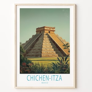 Könnte beinhalten: Gerahmter Druck von Chichen-Itza, Mexiko. Das Kunstwerk zeigt die antike Maya-Pyramide mit einer detaillierten Illustration der Struktur, umgeben von üppigem Grün und klarem Himmel. Der Text "CHICHEN-ITZA MEXICO" ist unten aufgedruckt.