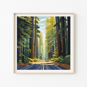 Cartel de Redwood, cartel de viaje de Redwood California, decoración de la pared de la Plaza del Parque Nacional, regalos personalizados, regalo de cumpleaños