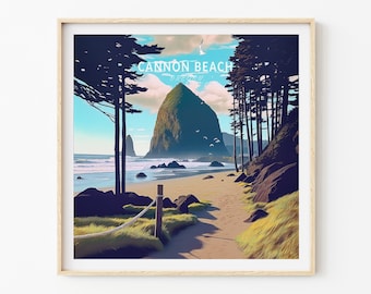 Puede incluir: Una impresión enmarcada de un paisaje escénico con una isla rocosa y una playa en primer plano. La isla está rodeada de agua y un cielo azul con nubes blancas. El texto "Cannon Beach, Oregon" está impreso en blanco sobre un fondo azul.