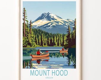 May include: A vintage-style illustration of Mount Hood, Oregon, with two people in canoes on a lake in front of the mountain. The text "MOUNT HOOD OREGON" is at the bottom of the image.