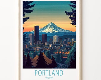 May include: A colorful illustration of the Portland skyline with Mount Hood in the background. The city is depicted with tall buildings and a green forest in the foreground. The text "PORTLAND OREGON" is at the bottom of the image.