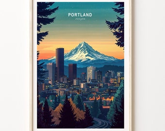 May include: A colorful illustration of the Portland skyline with Mount Hood in the background. The text "PORTLAND Oregon" is at the top of the image.