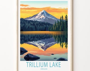 May include: A vintage-style illustration of a mountain reflected in a lake at sunset. The mountain is snow-capped and the lake is surrounded by trees. The text "TRILLIUM LAKE OREGON" is at the bottom of the image.