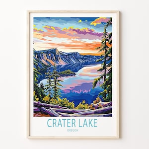 Crater Lake Travel Poster, Oregon Crater Wall Art, Crater Lake National Park Print, Birthday Present, Travel Home Decor