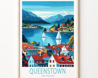 Queenstown New Zealand Travel Print, New Zealand Travel Poster, Queenstown Travel Wall Art, Home Decor, Birthday Gifts