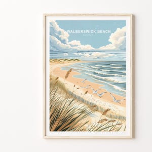 Póster de viaje de la playa de Walberswick, Suffolk, arte mural de viaje de la playa de Walberswick, impresión de viaje de Suffolk, paisaje urbano minimalista, regalos de boda