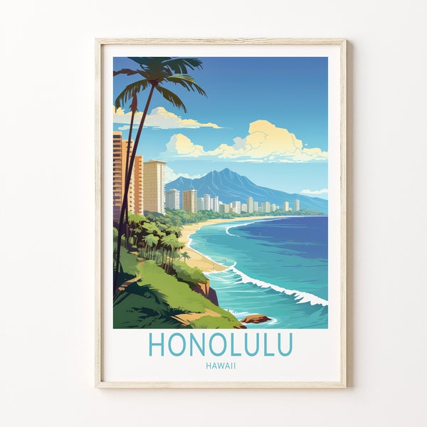 Honolulu Hawaii Travel Print, Hawaii Travel Art Wall Decor, Honolulu Hawaii Home Decor Wall Art, City Travel Poster Gifts, Home Decor