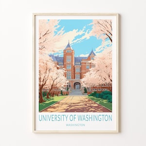 Impresión de viaje a Seattle, campus de la Universidad de Washington, impresión de póster de viaje a Seattle, Washington, arte mural de Seattle, Universidad de Washington