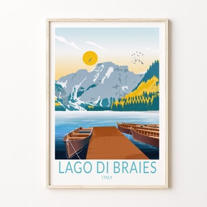Poster di viaggio Lago di Braies Italia, Poster Lago di Braies, Cartolina Italia Lago di Braies Stampa di viaggio personalizzata, Poster di viaggio personalizzato