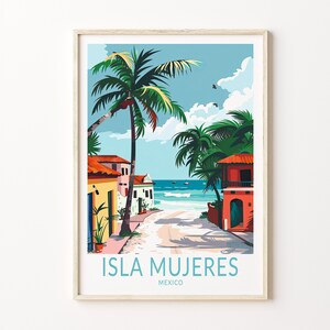 May include: A colorful illustration of a street scene in Isla Mujeres, Mexico. The image features palm trees, colorful houses, and a view of the ocean. The text "Isla Mujeres, Mexico" is at the bottom of the image.