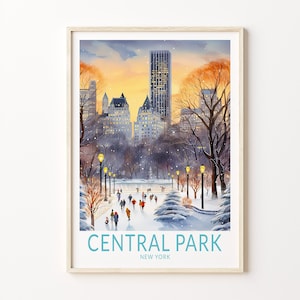 Central Park schaatsen reisposter New York, Kerstmis in Central Park reisposter print, kunst aan de muur schaatsen, New Yorker