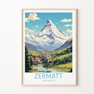 Impresión de viaje a Zermatt, Suiza, póster de viaje a Zermatt, arte de pared del cantón de Valais y Zermatt, decoración de pared de viaje a Zermatt, Zermatt