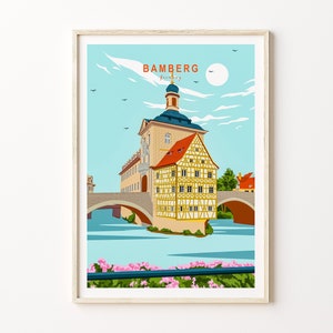 Bamberg Duitsland Travel Print, Bamberg City Poster Print, Bamberg Duitsland Wall Art, Duitsland minimalistische aangepaste reisposter