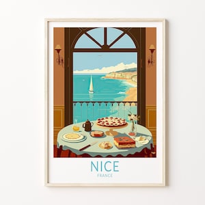 Stampa di cibo e viaggi di Nizza Francia, stampa di poster della costa di Nizza, arte murale della costa mediterranea di Nizza, Francia meridionale Nizza, regalo per viaggiatori