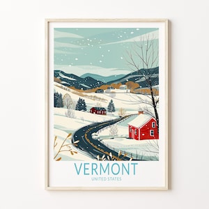 Vermont Reiseplakat, USA Wandkunst, Vermont Winter Wanddekor, USA Benutzerdefiniertes Reiseplakat, Geburtstagsgeschenk, personalisiertes Geschenk