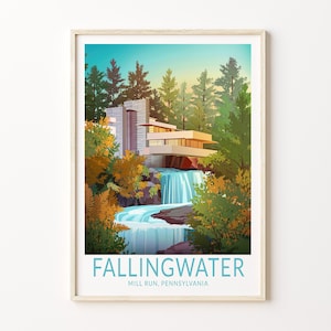 Affiche de voyage architecture Fallingwater, Mill Run, Pennsylvanie, impression de voyage carte postale architecture Fallingwater, affiche de voyage personnalisée