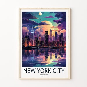 New York Travel Print Wall Art, New York Skyline Night Travel Poster, City Skyline Travel Poster, Travel Home Décor Wall Art