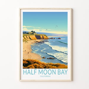 Impresión de viaje a la playa de Half Moon Bay, California, póster de Half Moon Bay, arte mural de The Ritz-Carlton, decoración de pared de la costa de California