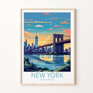 New York Brooklyn Travel Poster, New York Poster Print, New York Manhattan Wall Art, New York Travel Wall Art, Brooklyn Bridge