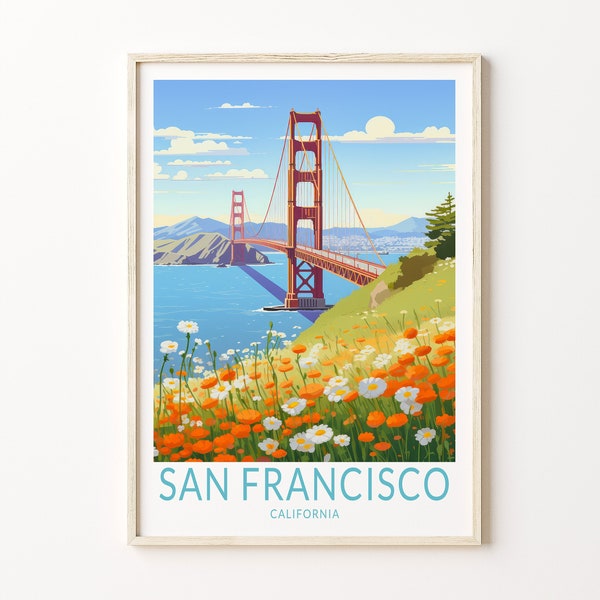 Impresión de viajes de San Francisco, Impresión de carteles de viajes de San Francisco, Arte de la pared del puente Golden Gate de California, Decoración de la pared de viajes