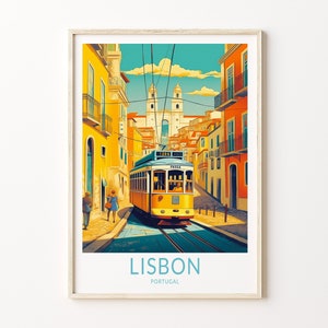May include: A vintage travel poster featuring a yellow tram traveling up a narrow street in Lisbon, Portugal. The tram is labeled "1206" and "PAIXA." The poster has a blue, green, and yellow color scheme.